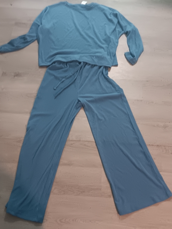 Pants - Blue Ribbed Lounge Set - Two-Piece Pullover & Wide Leg Pants
